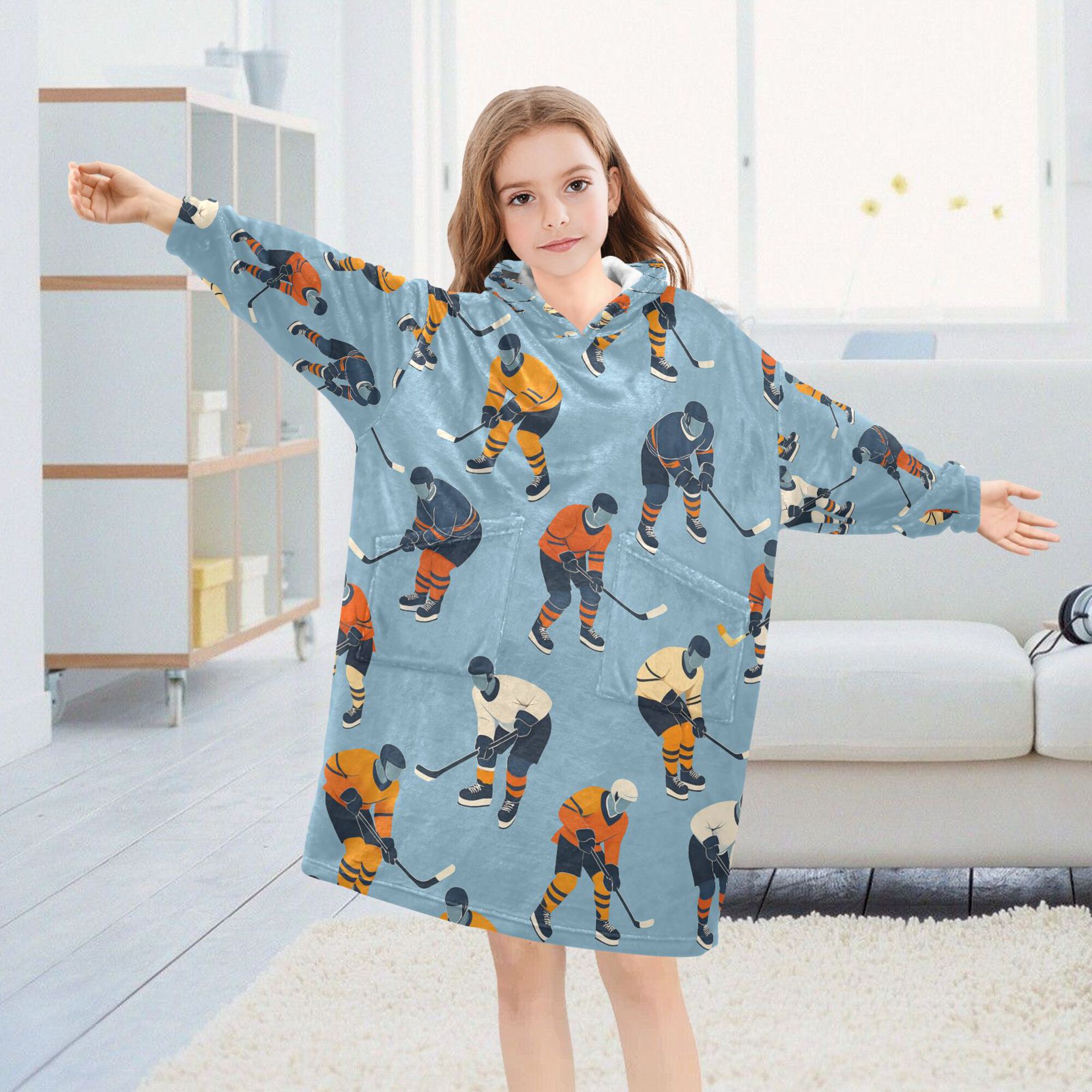 FORMRS Wearable Blanket Hoodie with Sleeves for Kids Cozy Flannel Sweatshirt, Blue Hockey Pattern