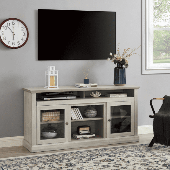 BaPiPro TV Stand with Glass Doors and Adjustable Shelves, Stone Gray, MDF, Fits TVs up to 65 Inches