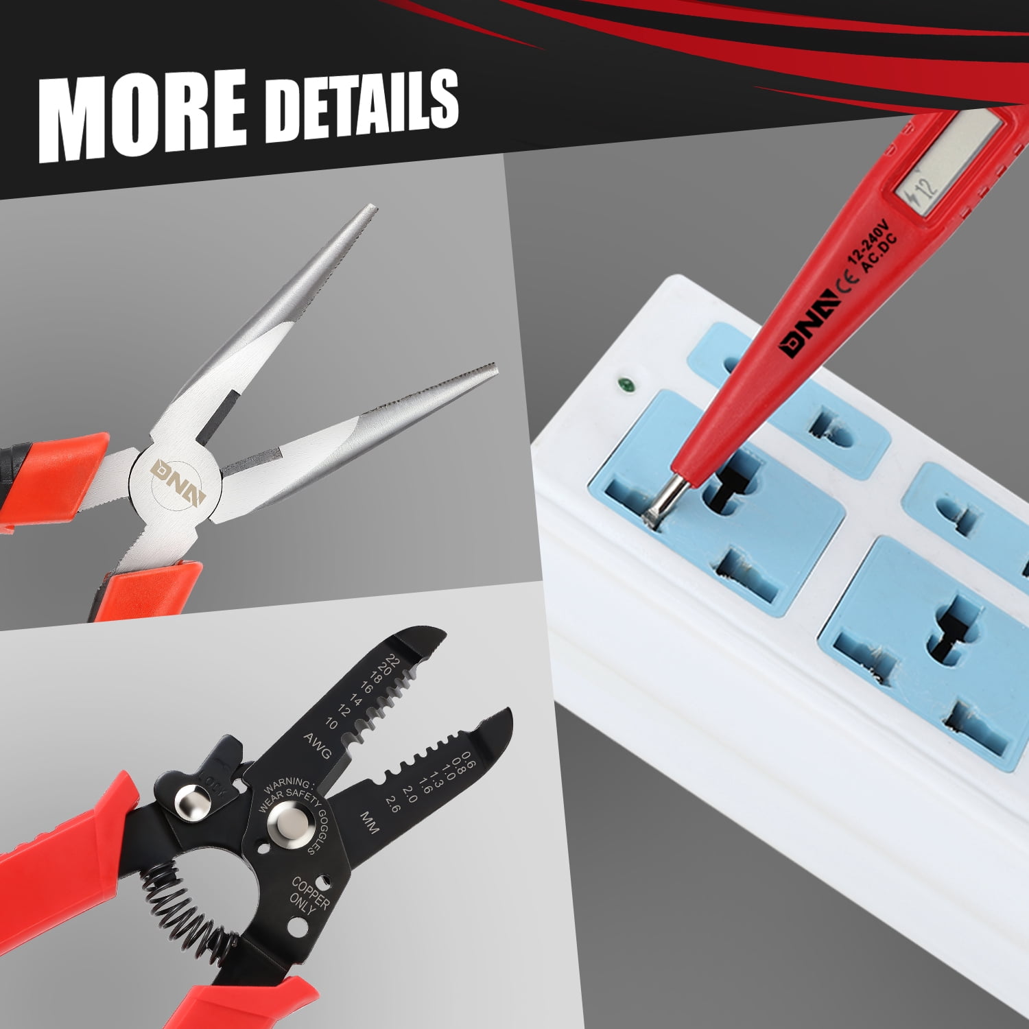 DNA Motoring TOOLS-00207 Red 21 PCs Portable Tool Kit Household General Repair Combination Pliers Adjustable Wrench Set Hand Tool Canvas Bag