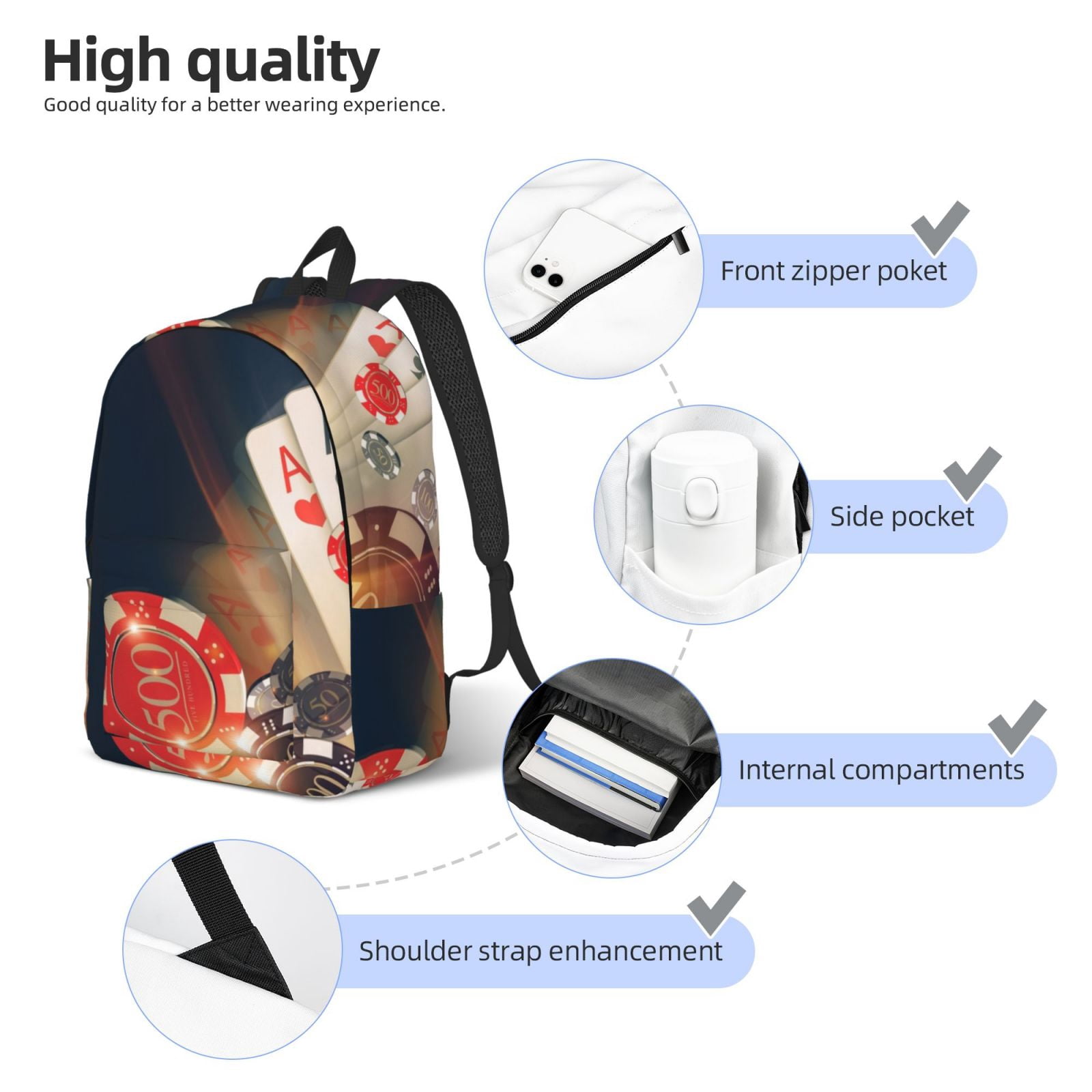 Ratiio Casino Poker Chips Print Canvas Backpack for Women & Men Retro Aesthetic Rucksack Basic Backpack for High School/College Students Travel Laptop Bag
