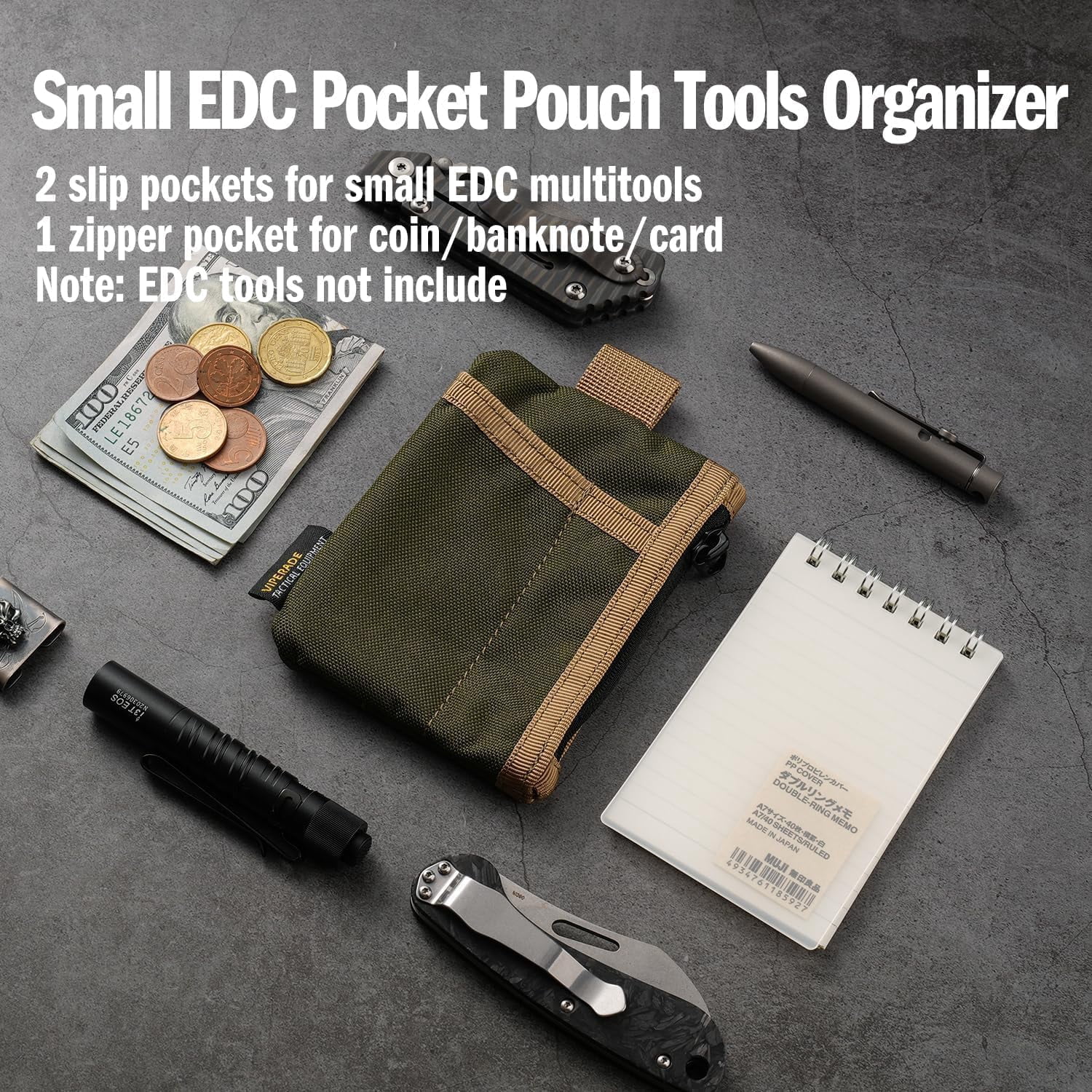 VIPERADE 6-in-1 EDC Pouch, 500D Compact EDC Pocket Organizer, Molle Extension Tool Storage Bag, Small Coin Purse/Card Holder/Swiss Army Knife Pocket Pouch (Green/Tan)