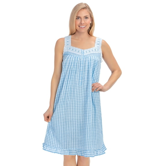Collections Etc Seersucker Gingham Lace and Ruffle Detail Sleeveless Nightgown