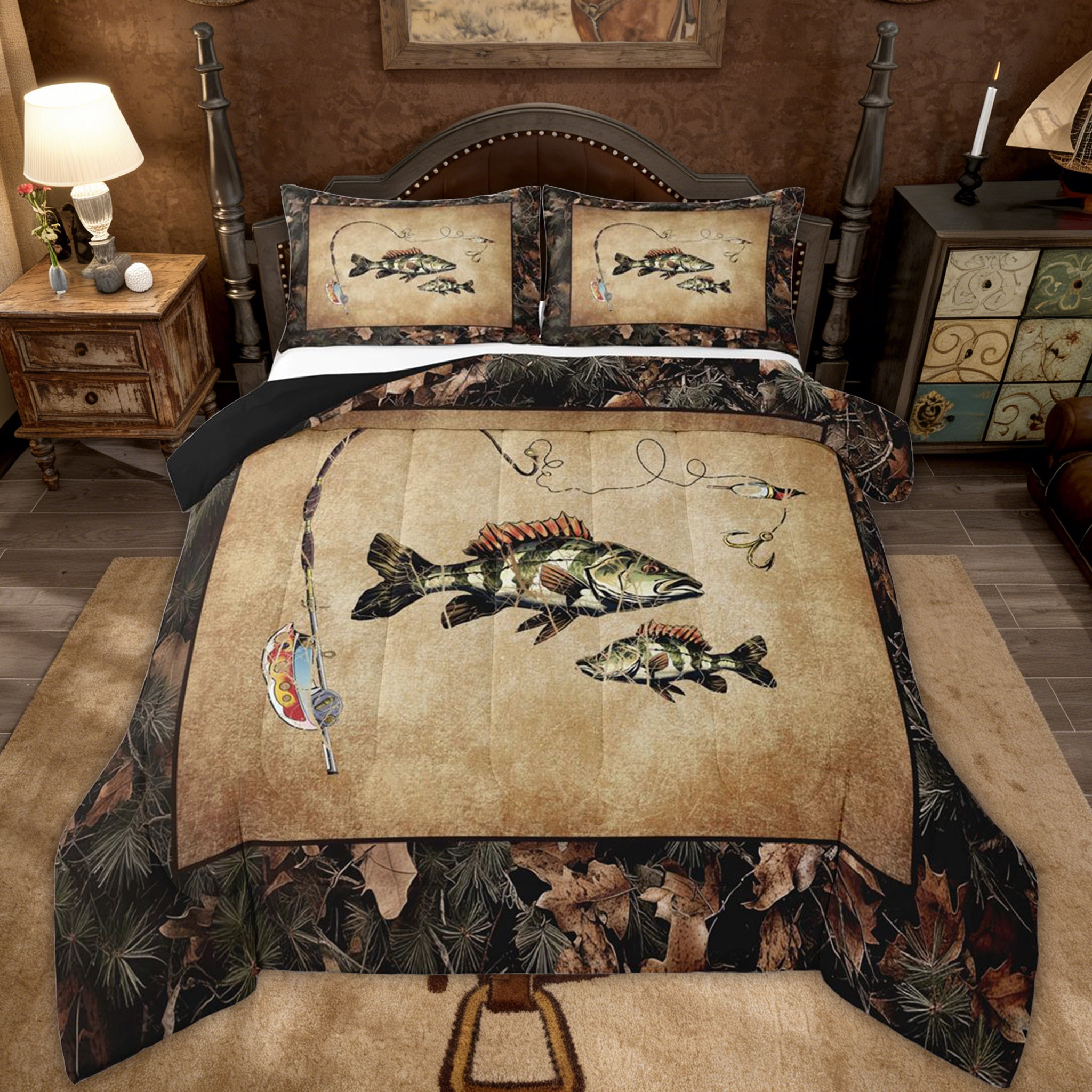 Rustic Bass Fish Comforter Set Queen Country Camo Fishing Bedding Set Woodland Camouflage Lake Fish Fisherman Quilt Comforter Teen Men Retro Farmhouse Cabin Bed Set 3 Pcs