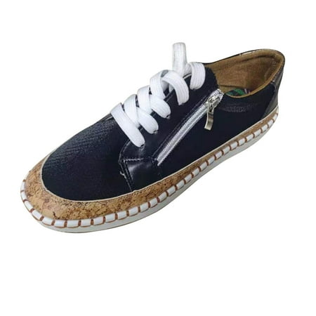 

casual shoes for Women Women s Fashion Zipper Pure Color Casual Shoes Flat Large Size Lace Loafers PU Dress Sandals for Women Black