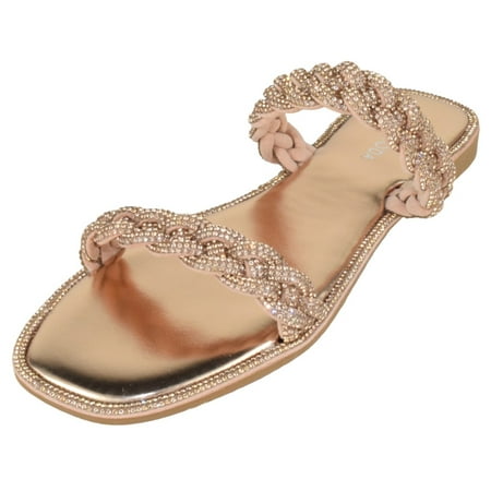 Top Moda Shoes Women Flip Flops Sandals Double Strap Slide Bling Rhinestone Crystals Formal LIZ-9 Rose Gold Metallic 7.5