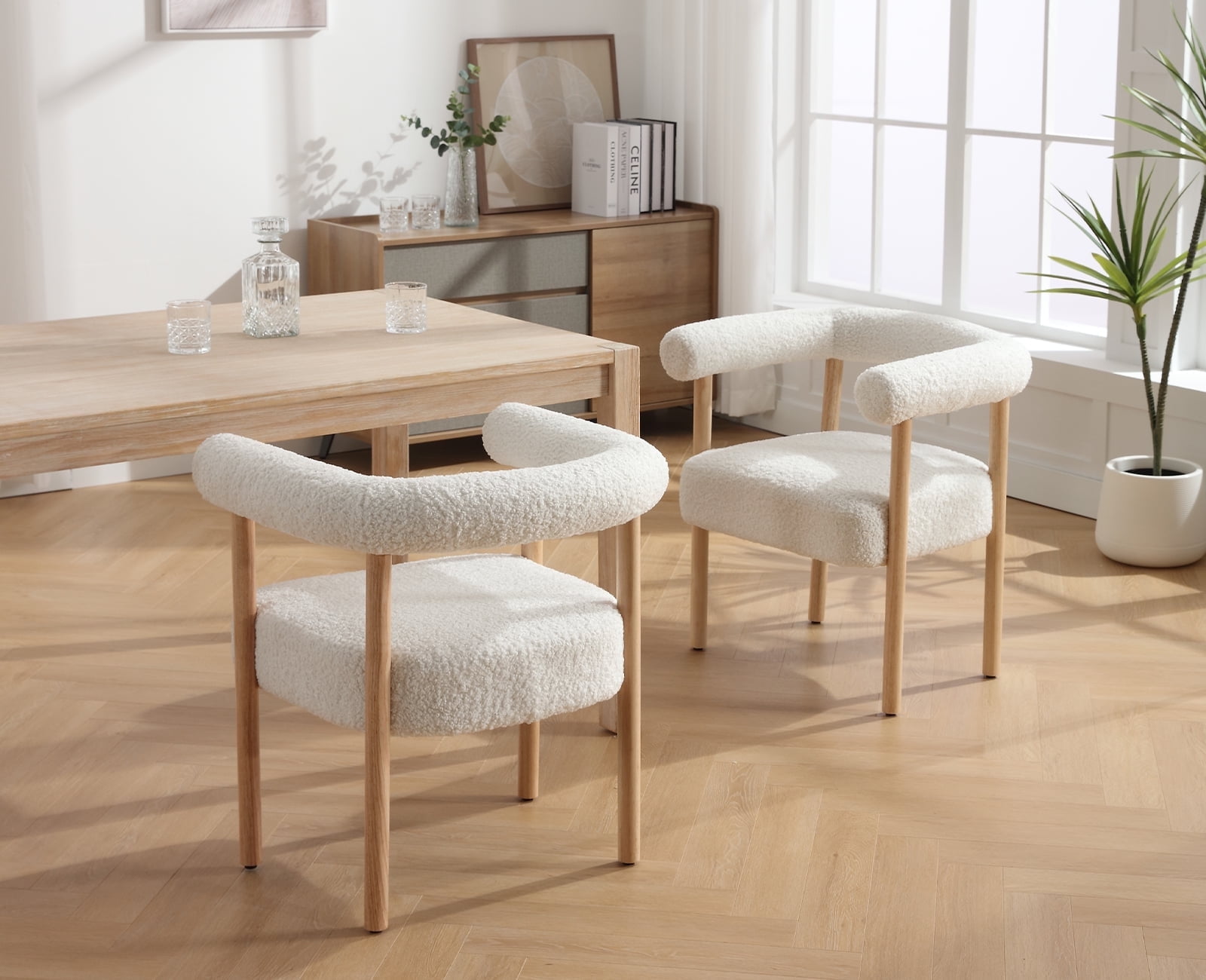 Guyou Modern Barrel Dining Chairs Set of 2, Mid-Century Farmhouse Kitchen Chairs with Curved Back, Wooden Sherpa Upholstered Dining Side Chairs for Dining Room Living Room Kitchen, White