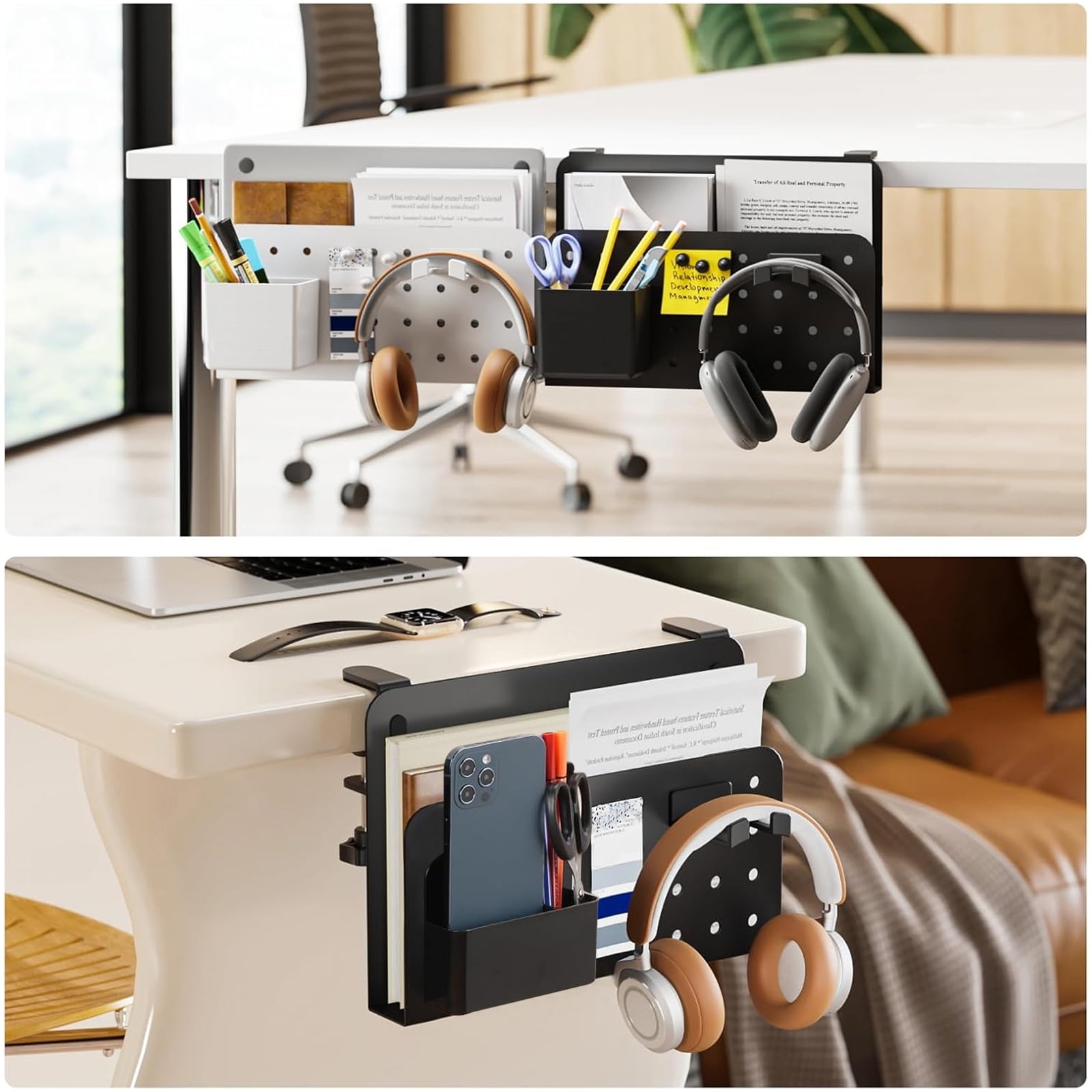 Desk Side Storage Organizer, No Drill Under Desk Laptop Holder, Clamp on Desks Shelf with Pegboard Accessories, Hanging Laptop Mount, Fits Flat Edge 0.4" to 2.2", Black