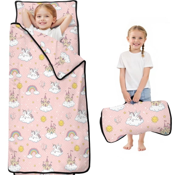 Unicorn and Castle Pink Pattern Teens Toddler Nap Mat with Pillow, Sleeping Mat Bag for Preschool Daycare 59"x22"