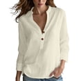 thumbnail image 3 of VBVC Women's Cotton Linen Henley Shirt , V-Neck Standing Collar Blouses For Women , Ladies' Long Sleeve Tops with Pockets,Beige,S-2XL, 3 of 10