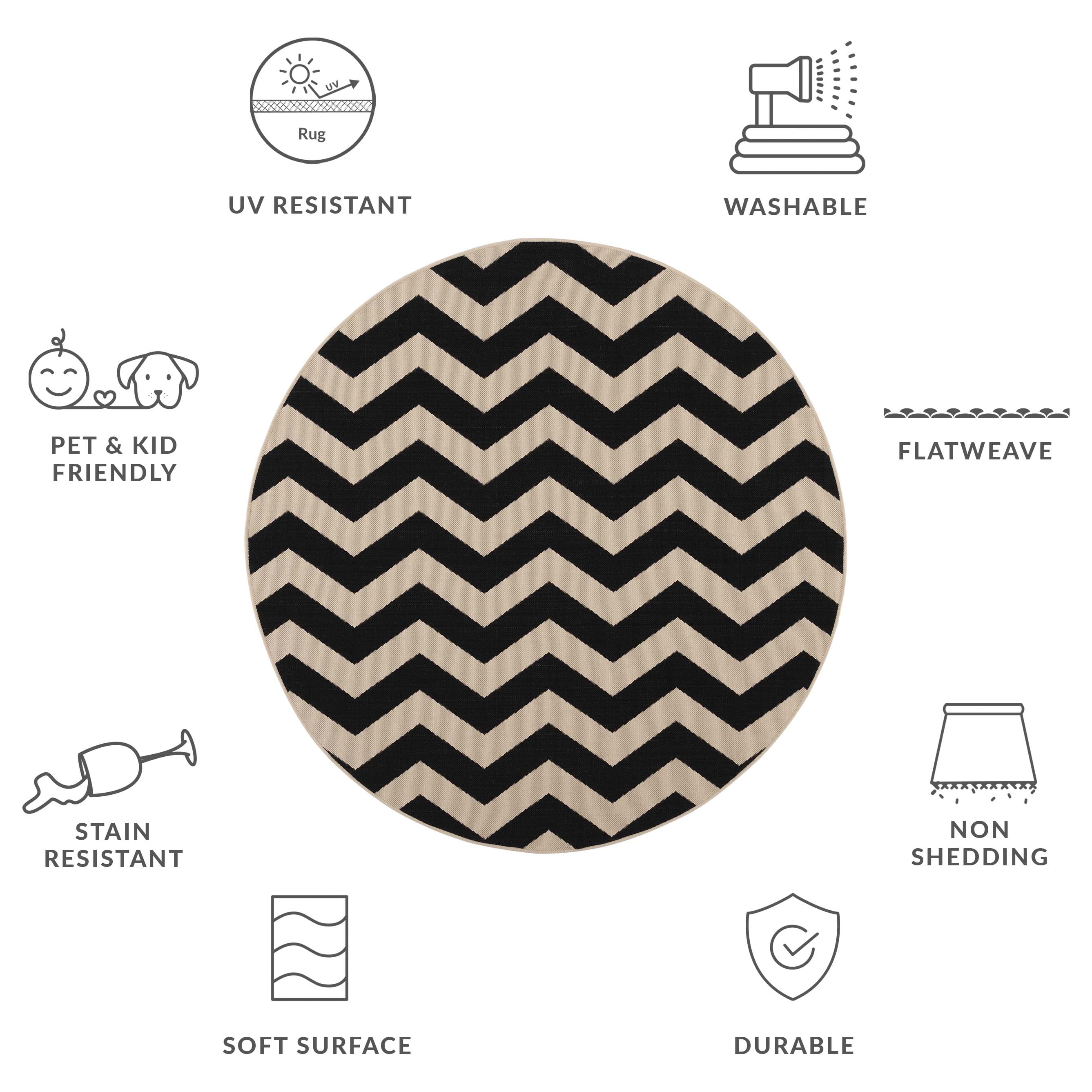 Safavieh Courtyard Ayden Chevron Indoor/Outdoor Area Rug, Black/Beige, 5'3" x 5'3" Round