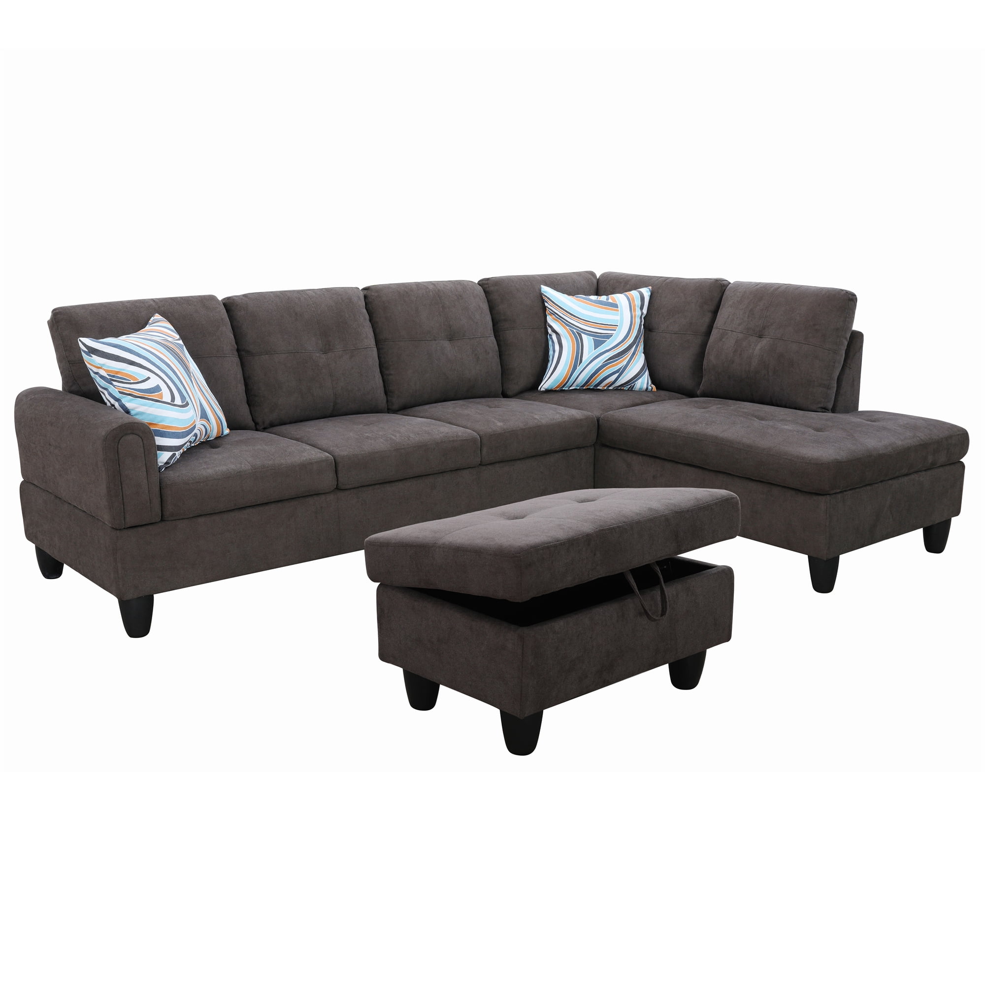 Aukfa 3 Piece L-shape Sectional Sofa Couch w/ Storage Ottoman, Right Chaise, 2 Pillows, Dark Brown