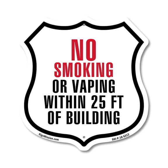 No Smoking vaping Within 25 Feet Of Building (2 Pack) 18 inch X 18 inch Shield Shaped Commercial Grade Plastic Signs Weather Resistant Made in the USA
