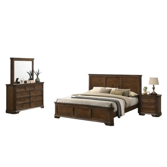 Maderne Traditional Wood Panel Bed with Dresser, Mirror, Nightstand, Queen, Antique Walnut Finish