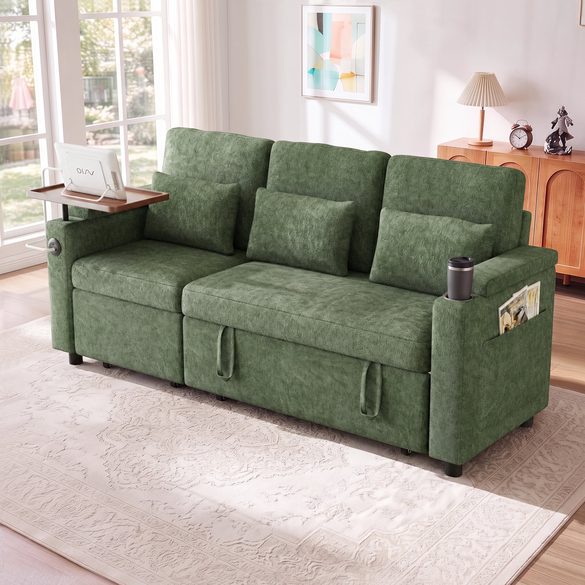 Aukfa 81" Convertible Sleeper Sofa,Chenille 3-in-1 Sofa Bed with Recliner,Center Table,USB Ports & Storage Armrests,Green