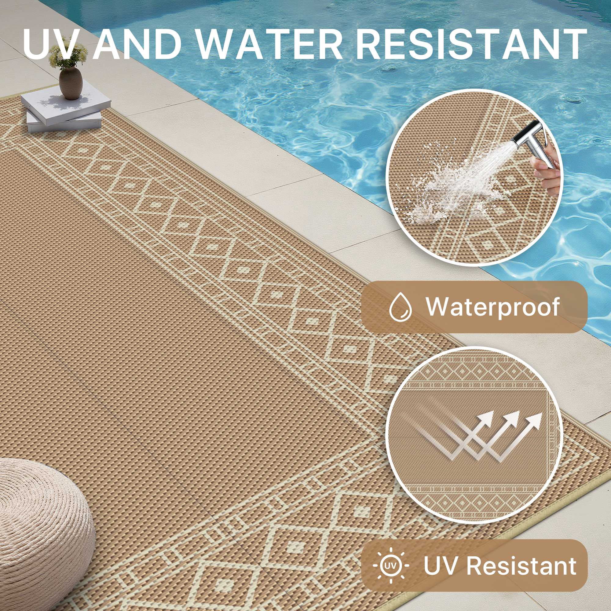 DEORAB 8'x10' Outdoor Rugs Waterproof Patio Reversible Plastic Carpet Camping Outside Mat For Garden RV Camping Porch Deck Backyard, Brown & Beige