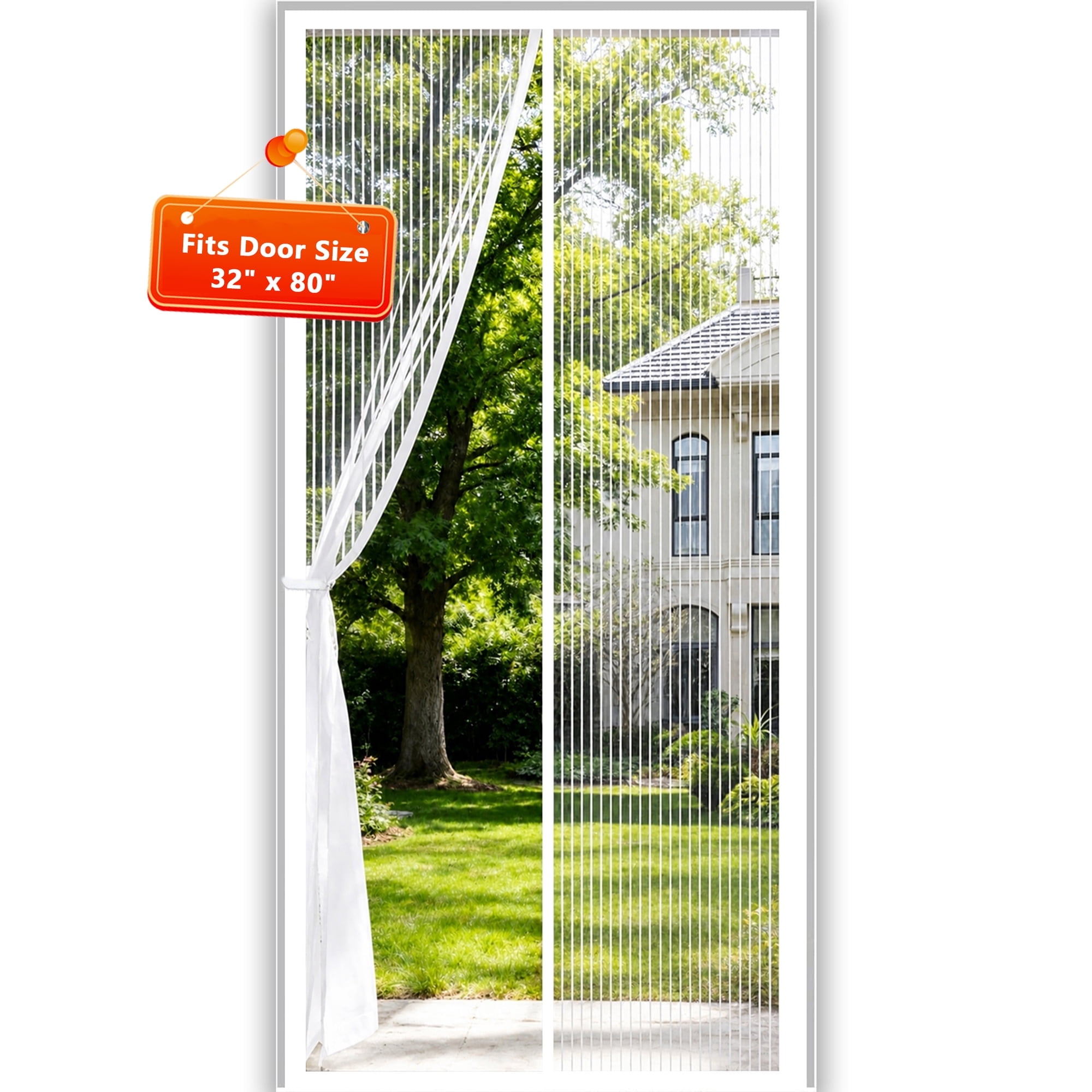 AuraLane Magnetic Screen Door Fit Door 32"x80",Heavy Duty Hands Free Mesh Curtain Keeps Bugs Out for Pet and Kid Friendly,White