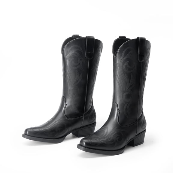 DREAM PAIRS Women's Western Cowboy Boots, Mid-Calf Cowgirl Boots with Chunky Heel & Embroidered Stitching Wide Width