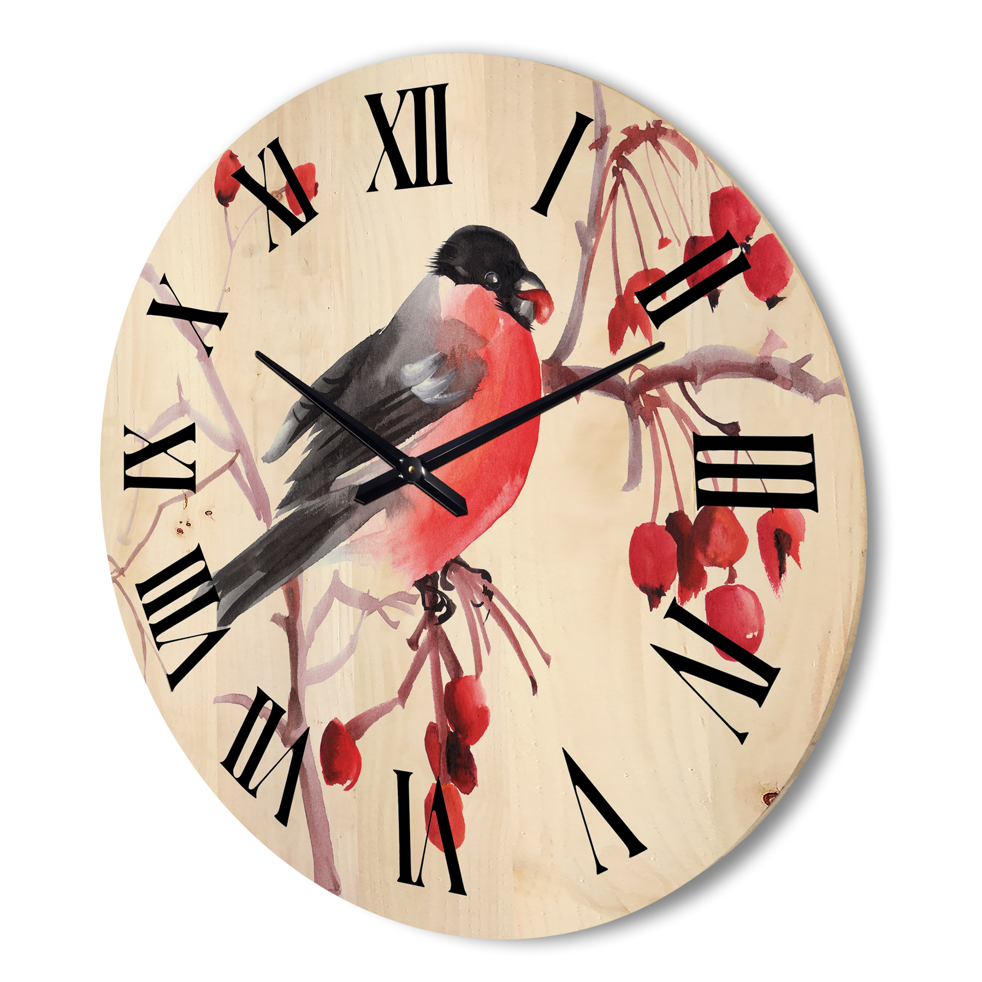 Designart 'Bullfinch Bird Sitting On A Branch' Traditional Wood Wall Clock