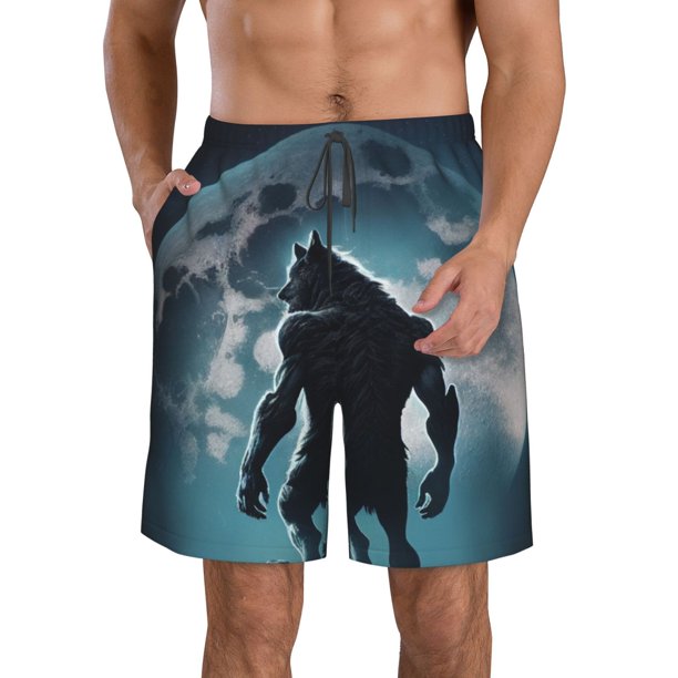 Fotbe Moon Wolf Warrior Trajes de Baño Estampados para Hombre, Shorts de Verano de Secado Rápido, Ropa de Playa, Bañadores-Small
