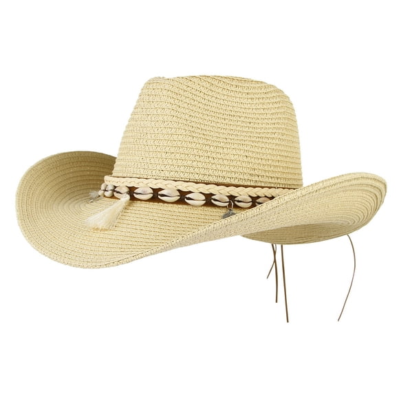 Summer Straw Cowboy Cowgirl Hat Sun Hats Wide Brim Beach Holiday Straw Hat with Shell Band (Beige)