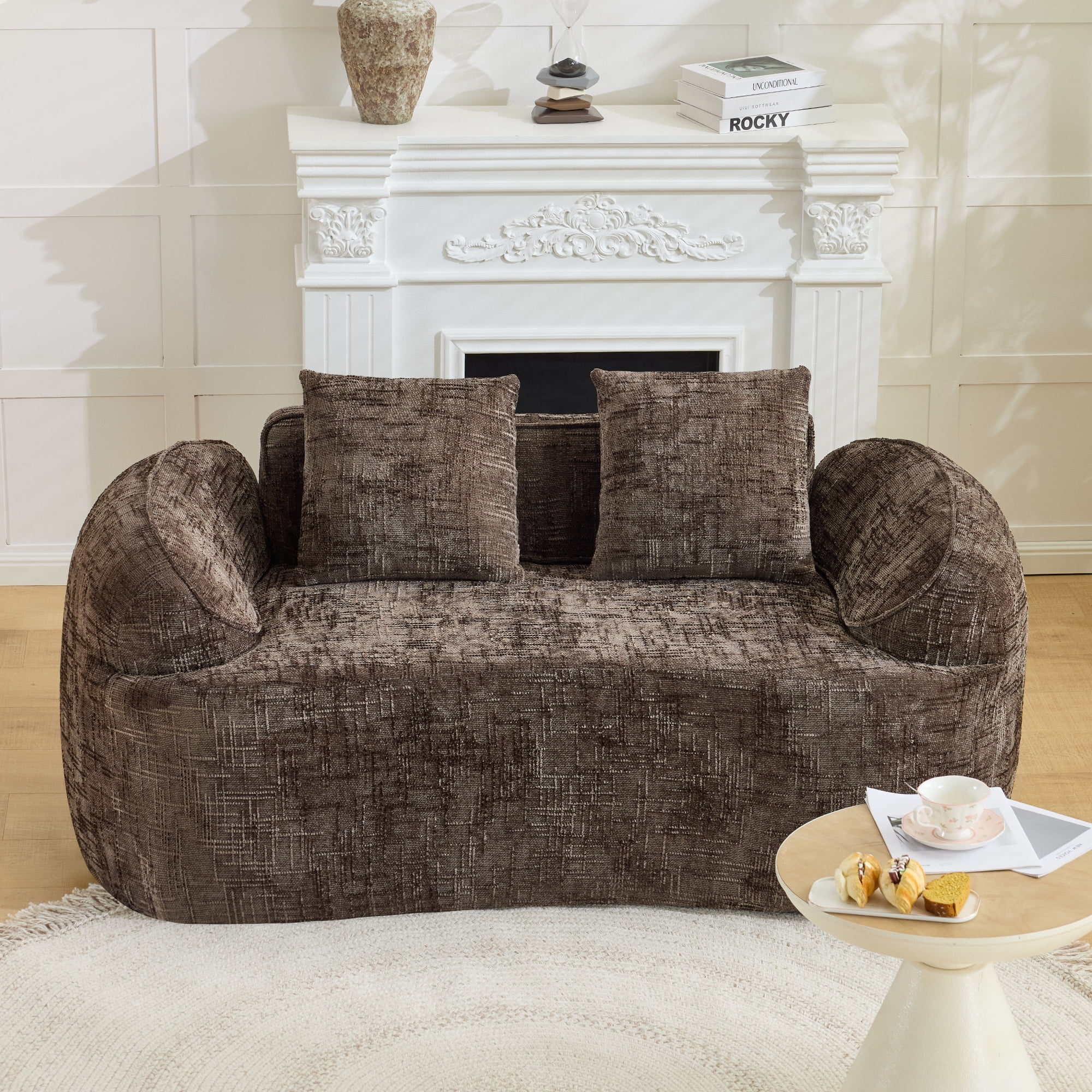 Leumius 66" 2 Seater Sofa Compress Sofa with Armrests & 2 Pillows,No Assembly Required,Compact Sofa Couch for Small Apartments,Living Room,Bedroom,Brown