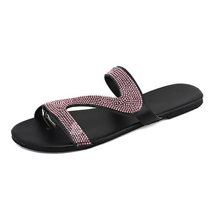

Black and Friday Clearance Items under $5 asdoklhq Slippers for Women Summer Women s Casual Solid Crystal Roman Plus-size Flat Slippers Sandals Shoes