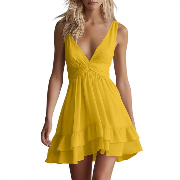 Miluxas Women's Summer Mini Dress Twist Front V Neck Sleeveless Mini Dress Double Ruffle Hem High Waisted A Line Beach Sundress for Vacation Yellow