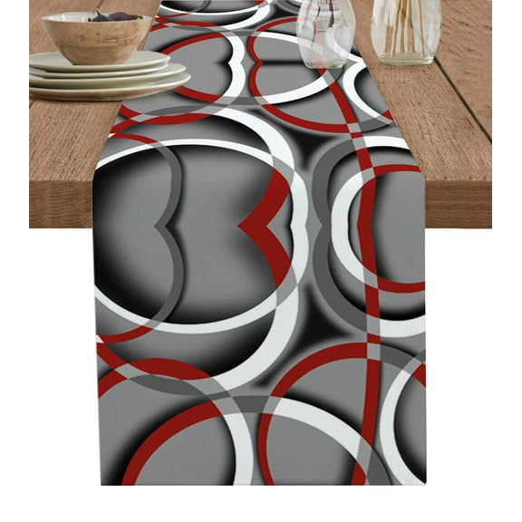 Table Runner Dresser Scarves 90 Inch Long, Modern Abstract Splicing Circle Art Linen Dining Table Runners Red Grey White Tabletop Scarf for Wedding Holiday Party Kitchen