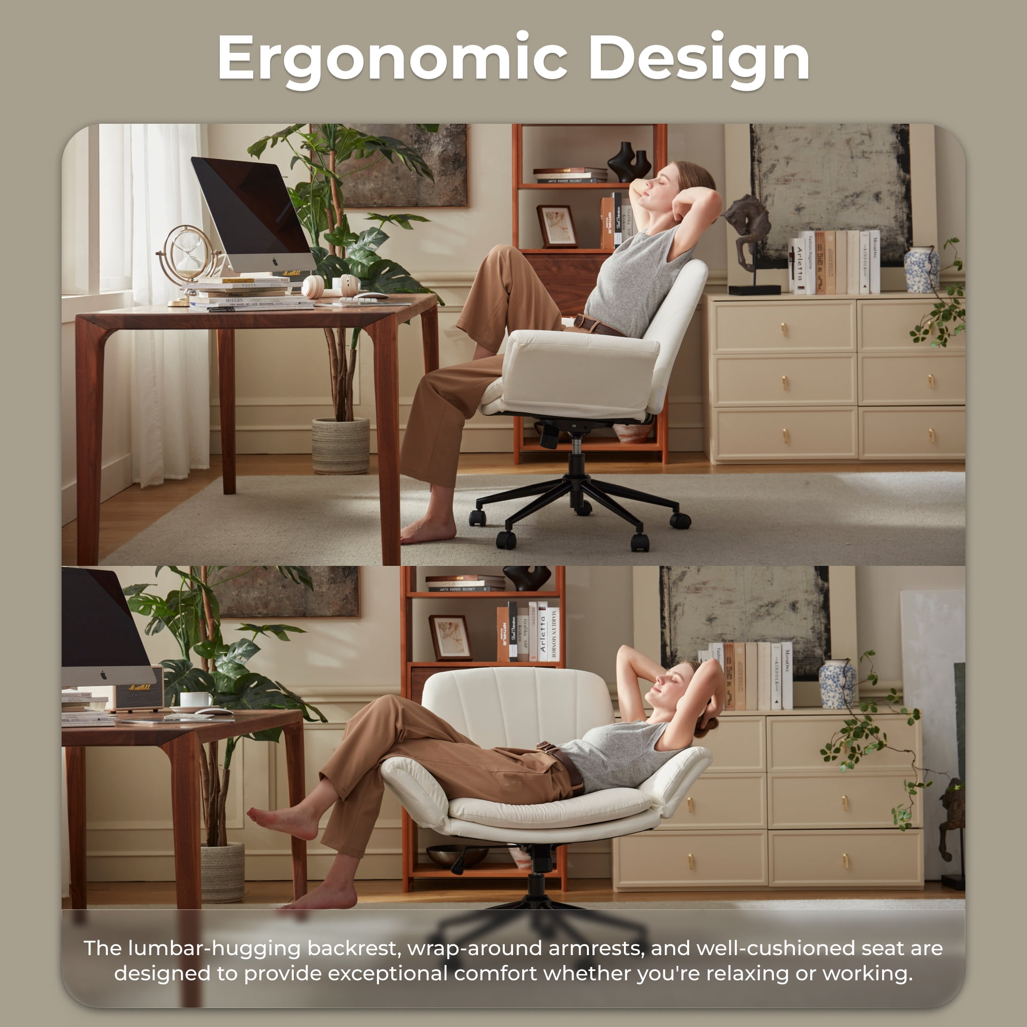GOOSEA Adult PU Leather Criss Cross Indoor Makeup and Gaming Swivel and Adjustable Arms Office Chairs, Beige