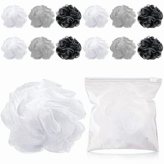 Fu997 12 Pcs Travel Size Loofah Individually Wrapped, Small Shower Puff Bath Sponge Pouf Ball Bulk Mesh Bath Puff Mini Loofah Sponge with Case Bulk for Shower Care (25g,Achromatic Colors)
