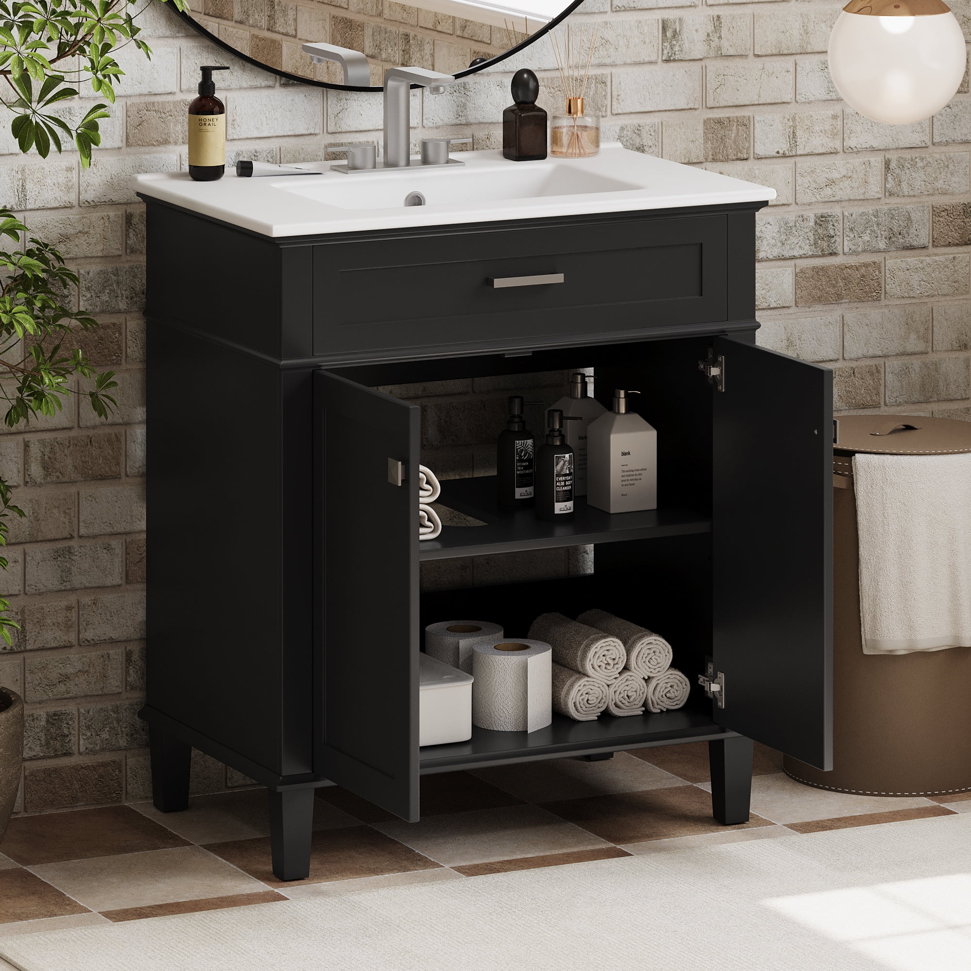 Euroco 30-inch bathroom vanity with ceramic basin, soft close door and adjustable shelves
