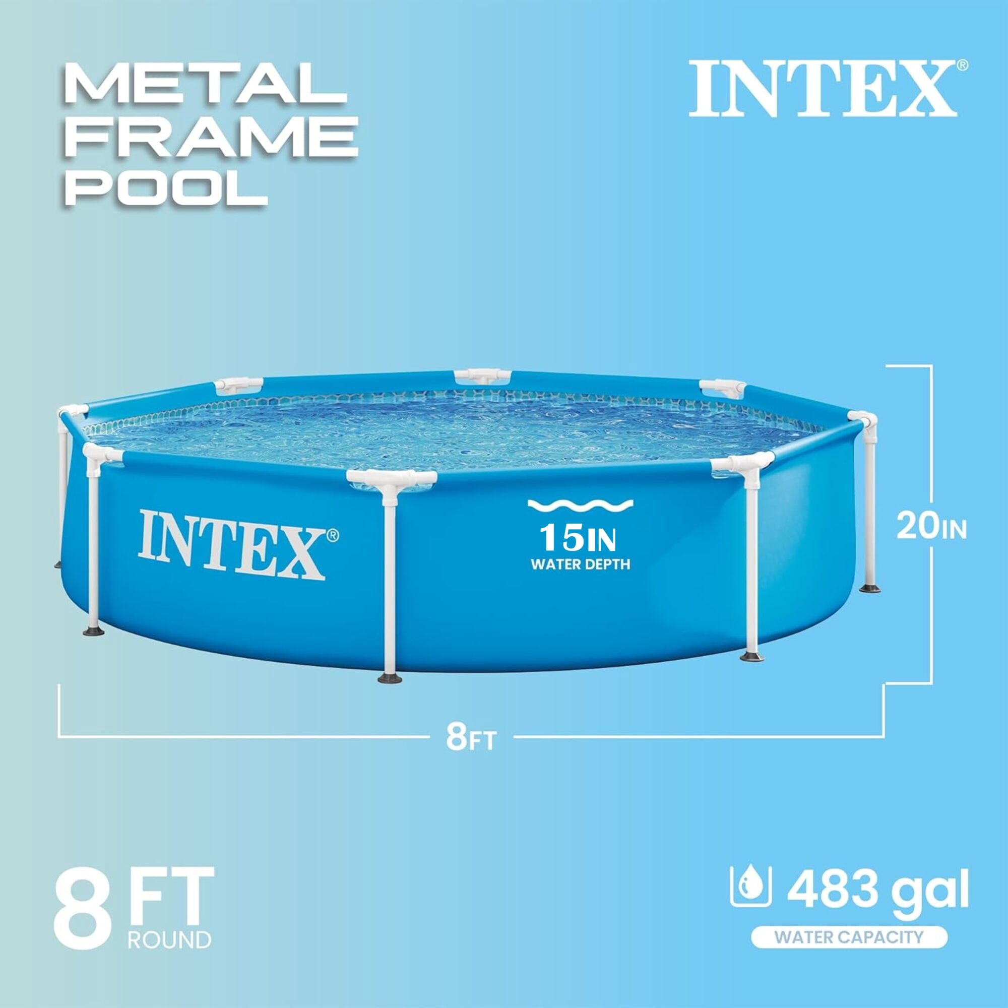 Intex: Metal Frame Pool - 8' x 20" - Above Ground Swimming, Puncture-Rust Resistant, Easy T-Joint Setup, Outdoor Family Water Play, 483 Gal, 28205EH