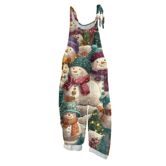 Women's Vintage Cotton Linen Overalls with Christmas Print - Casual Loose Jumpsuit with Shoulder Straps & Pockets, Army Green, Size L