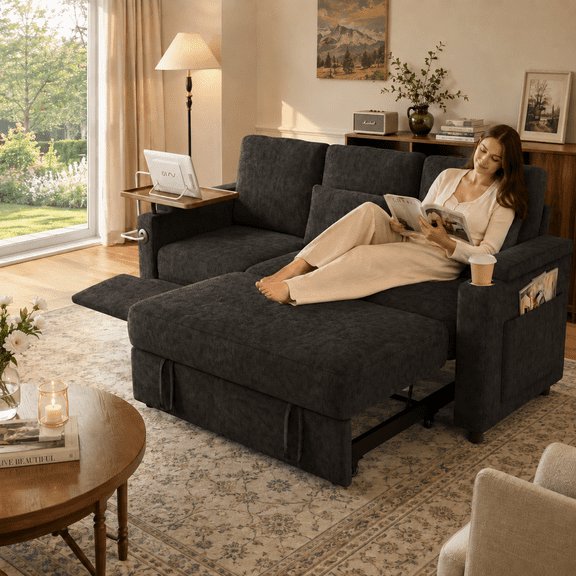 TiramisuBest 81" 3-in-1 Convertible Sleeper Sofa Bed with Power Recliner,Chenille Sofa Couch with Tray Table & USB for Living Room,Black