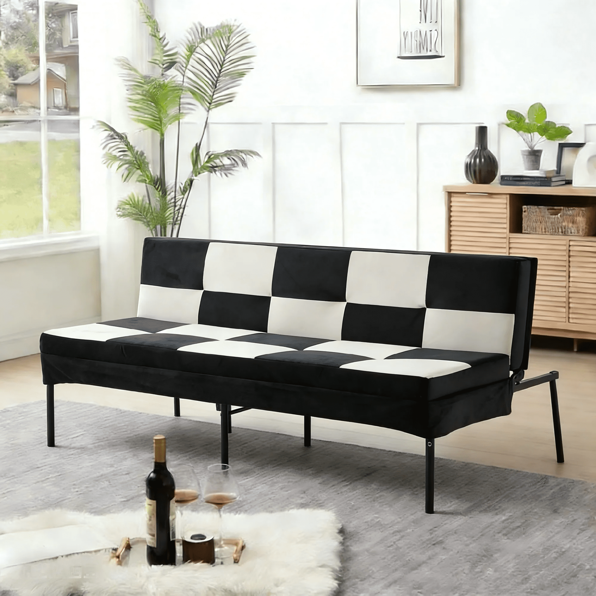Gewnee Velvet 63.58"Folding Sofa Bed,Adjustable Convertible Folding Sleeper Couch Bed for Living Room,Office,Small Space,Black & White