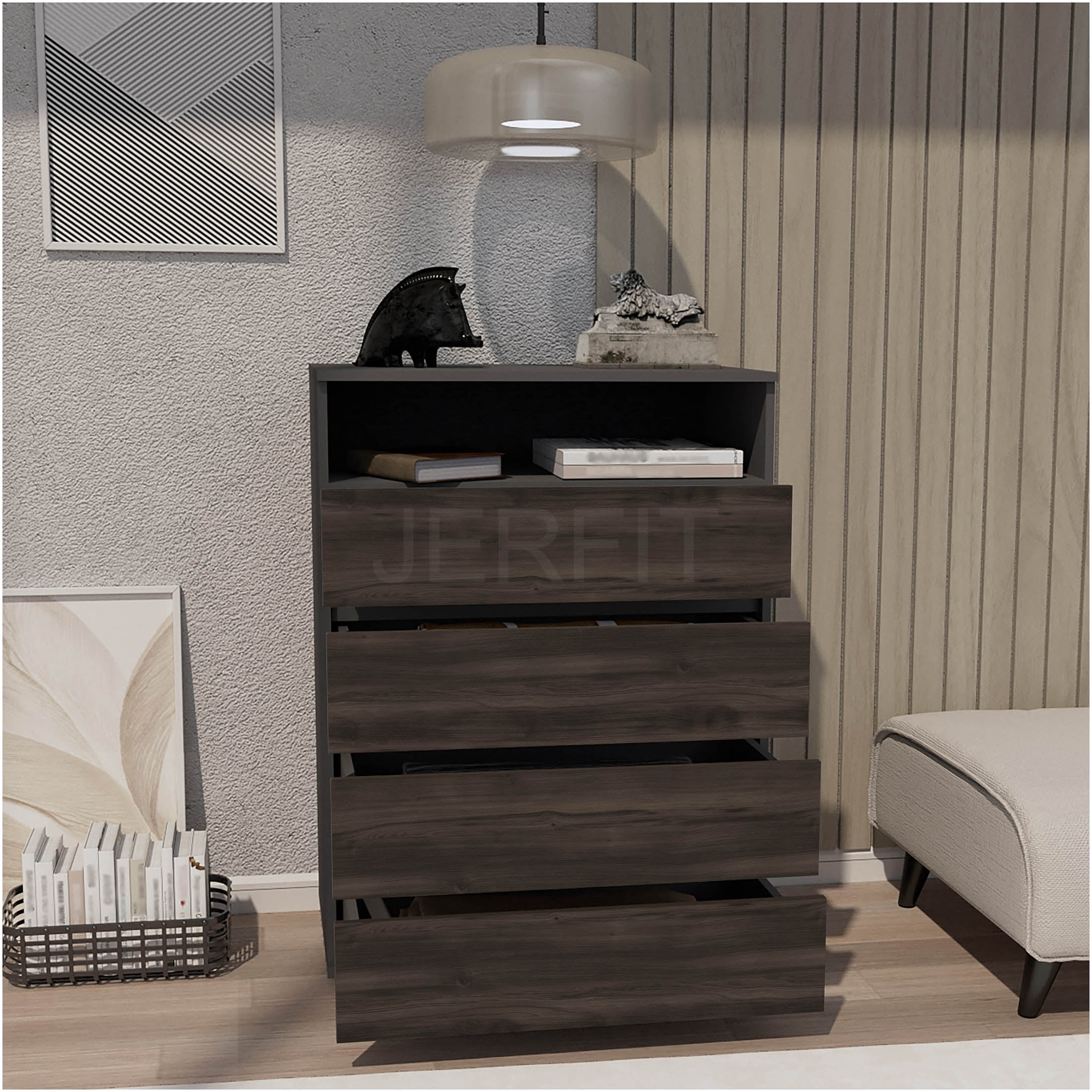 JERFIT 4-Drawer Dresser, Modern Gray Chest of Drawers with Large Storage, Compact Bedroom Furniture for Small Spaces