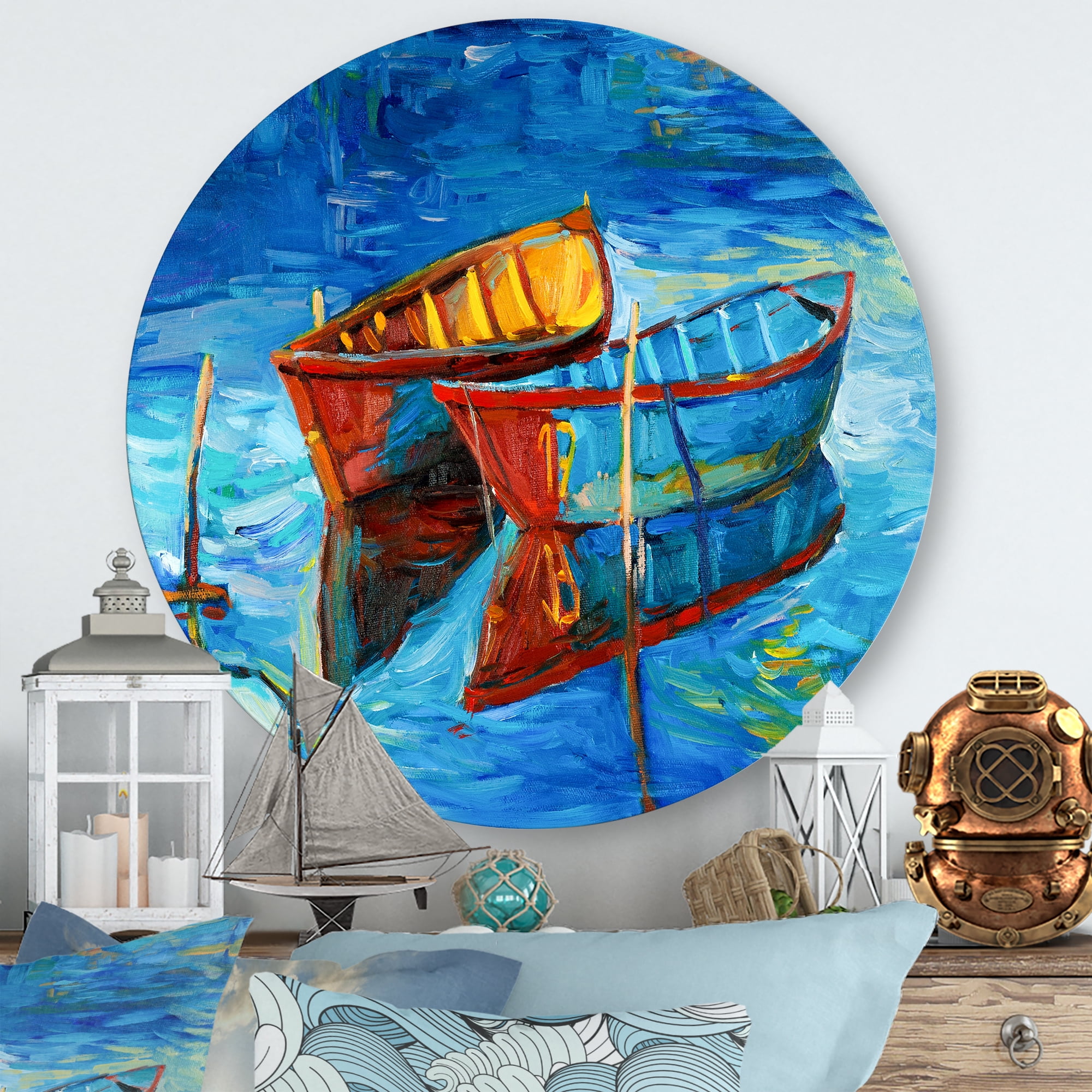Designart 'Boat At The Lake During Evening Glow III' Nautical & Coastal Circle Metal Wall Art 23x23 - Disc of 23