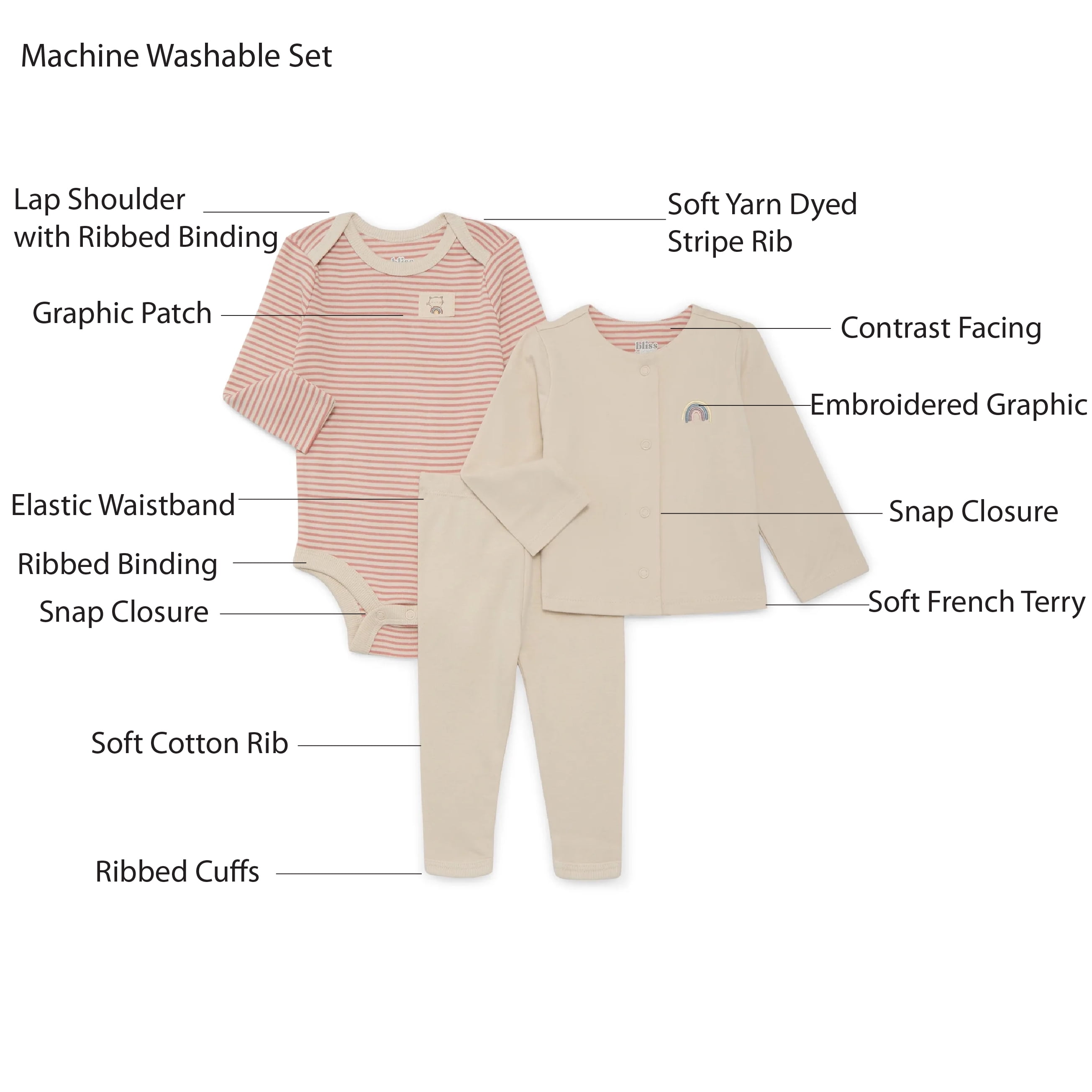 Bliss by Garanimals Baby Girls Jacket, Bodysuit and Leggings Set, 3-Piece, Sizes 0M-12M