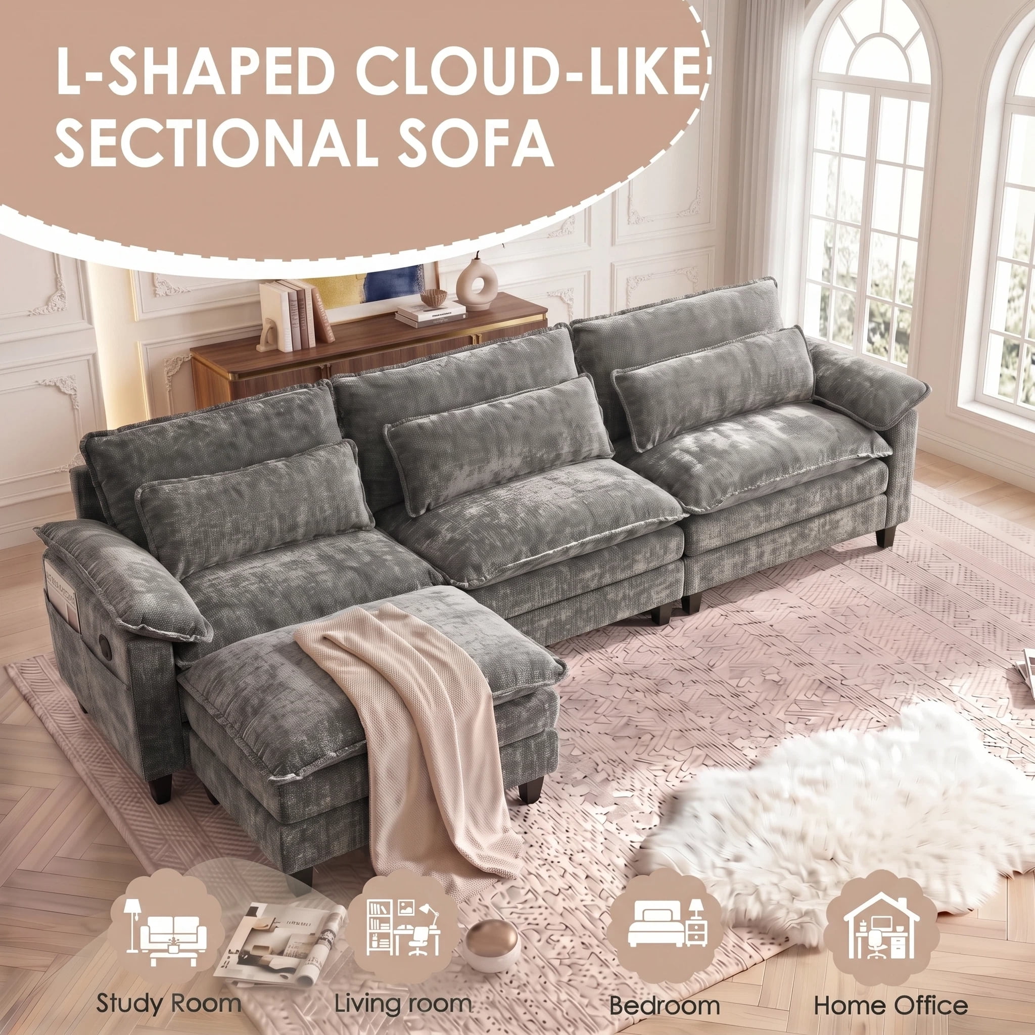 AISWORD 113" Cloud Modular Sectional Sofa, L-Shaped with Ottoman, USB Port, Chenille Deep Seat Living Room Couch, Gray