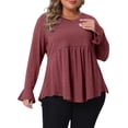 thumbnail image 1 of Blusas de túnica casual de cuello en V con peplum y pliegues, mangas con volantes, talla grande 2X, color burdeos, 1 of 6