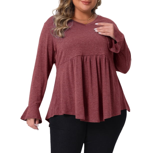 Blusas de túnica casual de cuello en V con peplum y pliegues, mangas con volantes, talla grande 2X, color burdeos
