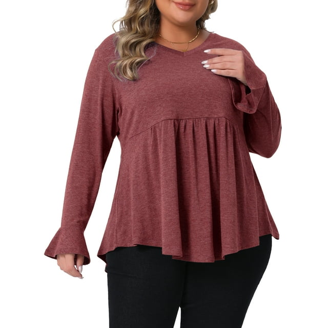 Blusas de túnica casual de cuello en V con peplum y pliegues, mangas con volantes, talla grande 2X, color burdeos