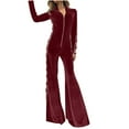 thumbnail image 2 of Feancey Velvet Wide Leg Jumpsuits for Women Zipper Front Casual Onesies Slim Fit Flare Pants Romper Bell Bottom One Piece Jumpsuit Red L, 2 of 8