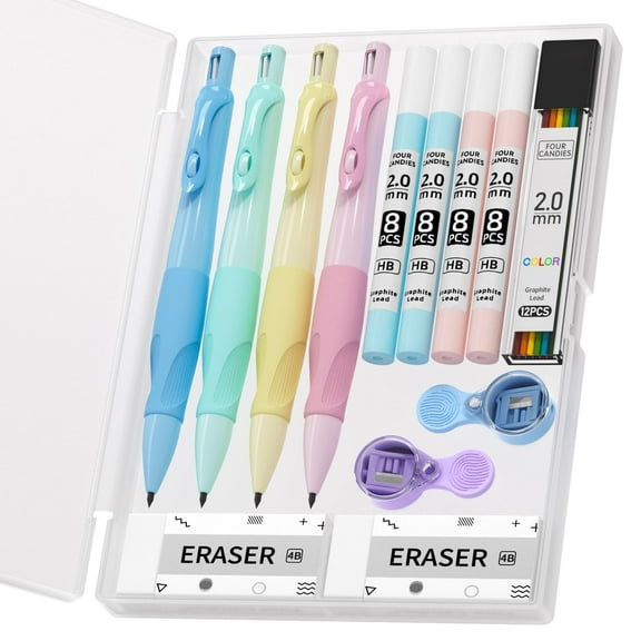 Four Candies 4PCS Cute Mechanical Pencil Set, 2.0mm Ergonomic Mechanical Pencil with 44PCS HB Pencil Leads, 2PCS Sharpeners/Erasers, for Writing and Drawing