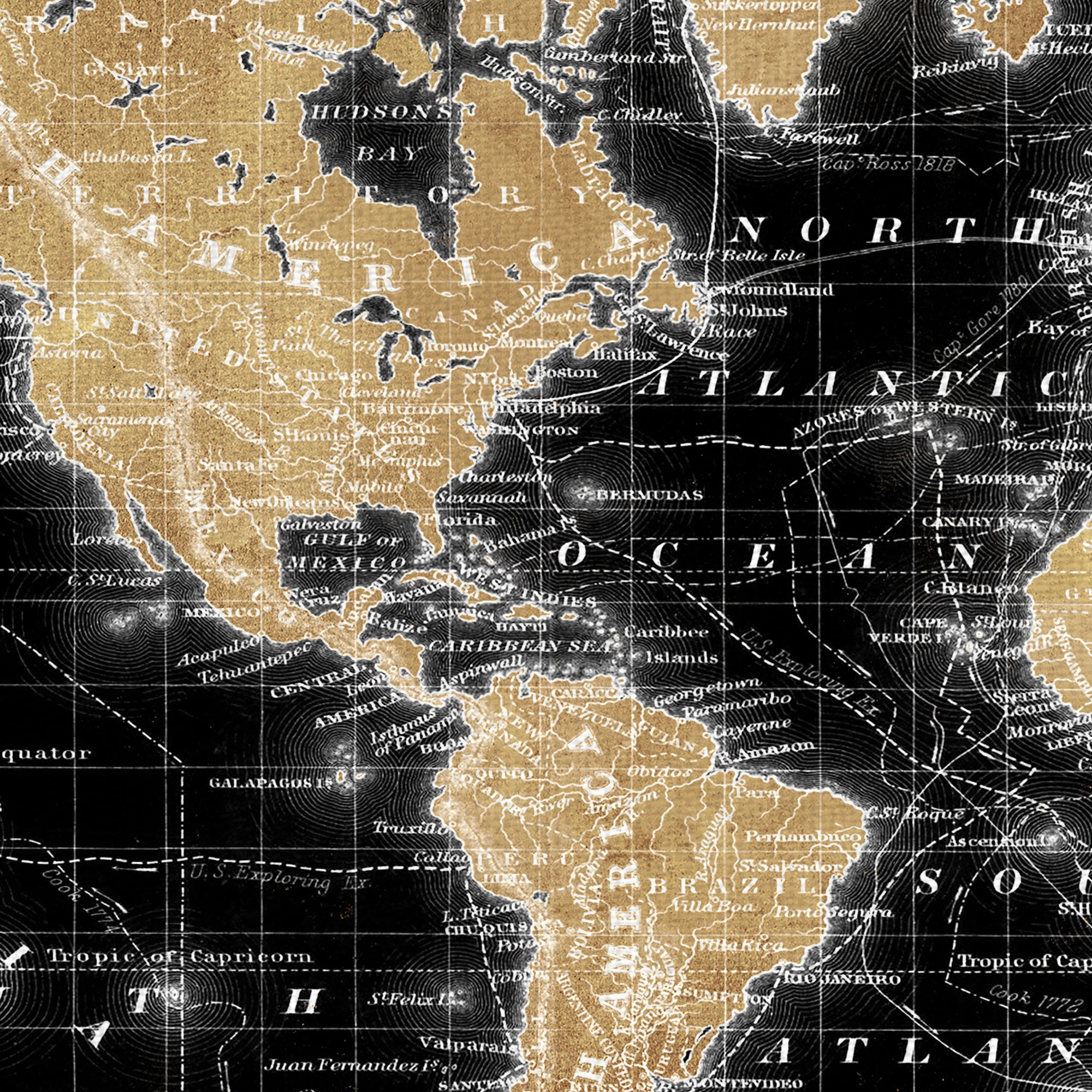 Masterpiece Art Gallery World Map On Black By Belle Maison Canvas Art Print 24" x 36"