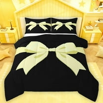 Feelyou Black Yellow Bowknot Queen Comforter Set for Girls, Kawaii Bow-tie Ribbon Bedding Sets, Cute Princess Style Reversible Bedding Comforter Set, Ultra Soft Bedroom Decor, 3 Pieces