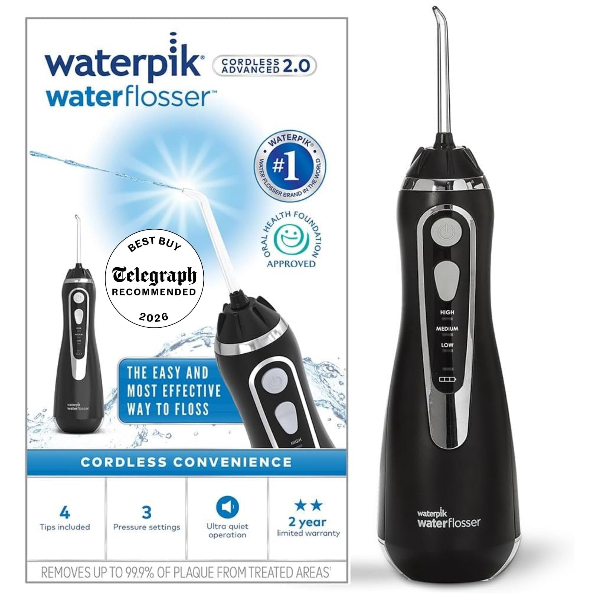 Waterpik Water Flosser Cordless Advanced, Plaque Remover for Teeth, Black