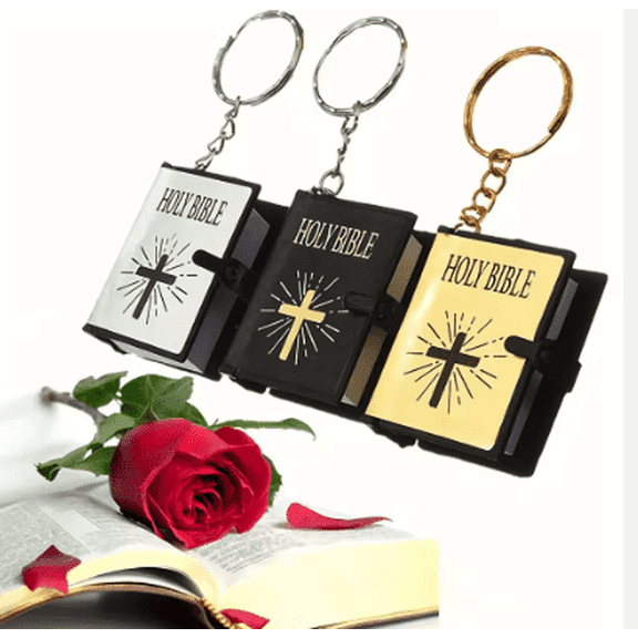 Detailed English Scripture Holy Bible Cross Design Split Ring Keychain Mini Bible, Black