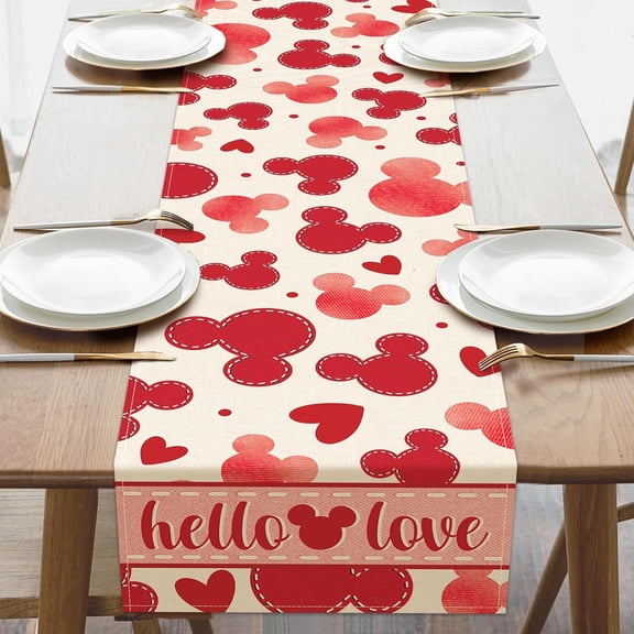 Valentines Table Runner, Hello Love Red Hearts Kitchen Dining Table Decoration, Anniversary Wedding Burlap Indoor Outdoor Home Decor Party Supply 13.8 x 71 Inches