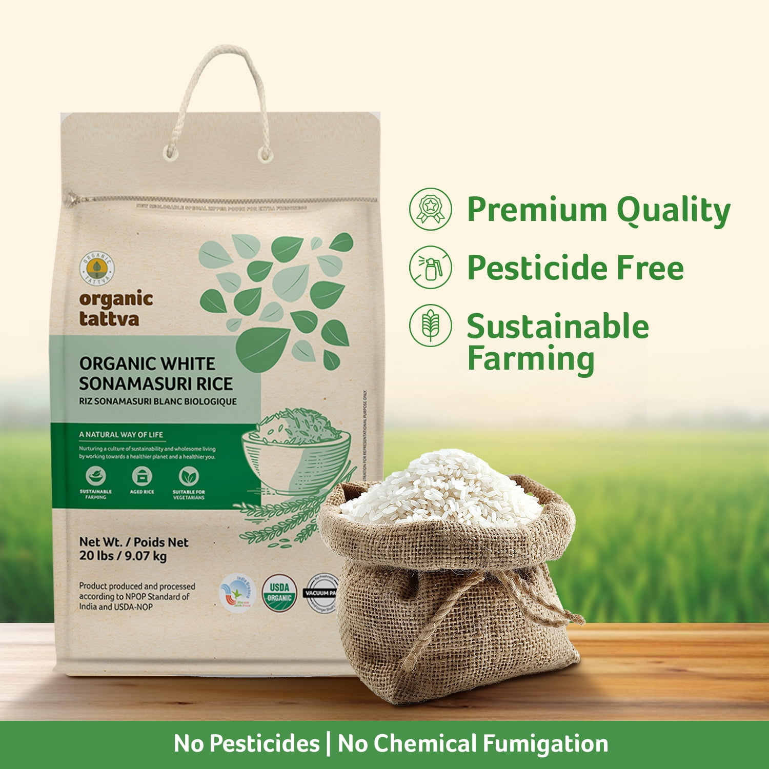 Organic Tattva White Medium Grain Rice 20LB, Lightweight & Naturally Aromatic Sonamasuri Rice, Vegan, Kosher, Non GMO, No Additives, Gluten Free, USDA Certified
